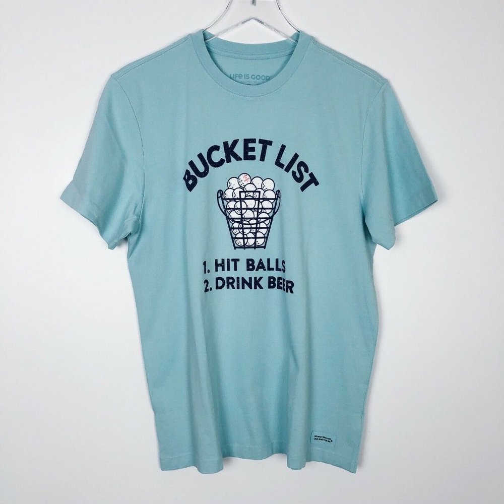 NWT Life Is Good Bucket List Crusher T-Shirt Golf Funny Novelty Blue Mens Small - Picture 2 of 7